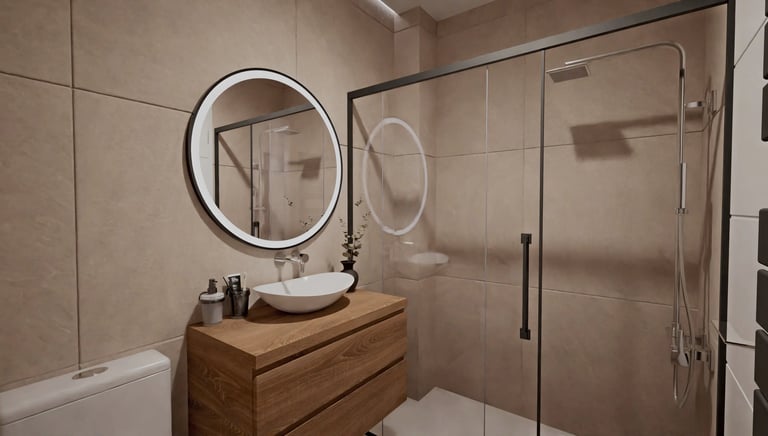 Render 3D de baño con ducha de vidrio y espejo circular