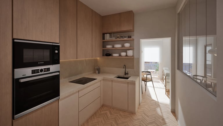 Render 3D de cocina en L con mobiliario de madera y office al fondo