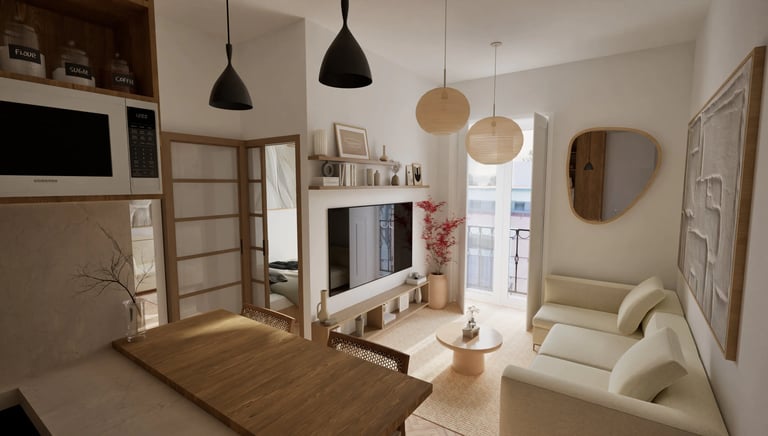 Render 3D salón luminoso con muebles claros y lámparas negras, estilo japonés nórdico