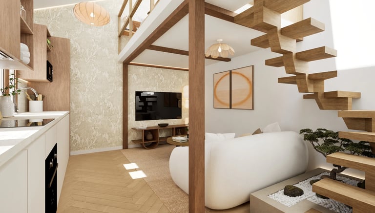 Salón-cocina con altillo, escalera suspendida, sofá curvo y cocina en tonos claros.