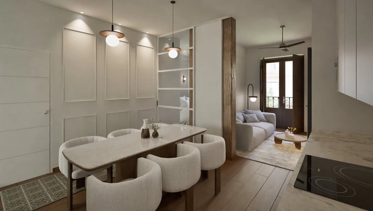 Render 3D de salón-comedor con cocina abierta