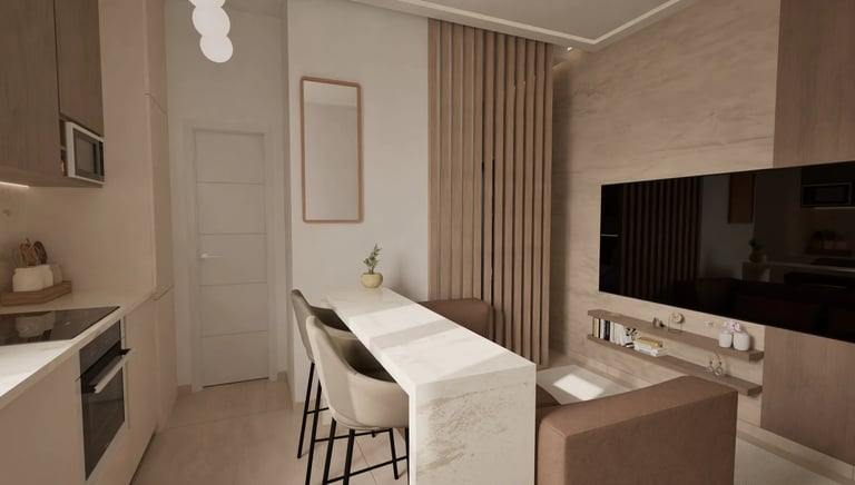 Render 3D de cocina-comedor con isla alta y mueble de TV integrado