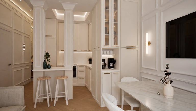 Render 3D de cocina abierta con columnas ornamentales, office y panelado clásico blanco.