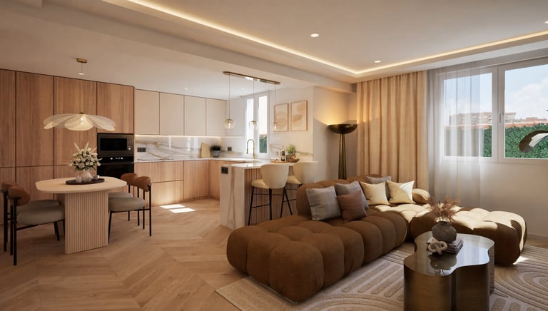 Render 3D de salón comedor con cocina abierta, tonos cálidos y mobiliario contemporáneo