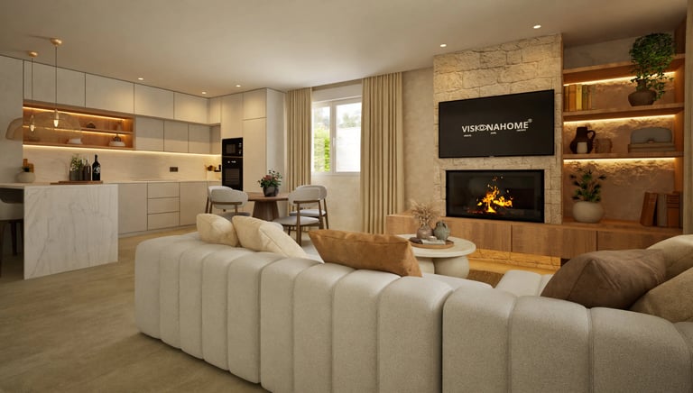 Render 3D de salón con cocina abierta, chimenea revestida en piedra y muebles en tonos cálidos.