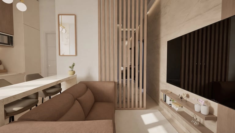Render 3D de salón con sofá terracota, listones separadores y TV mural