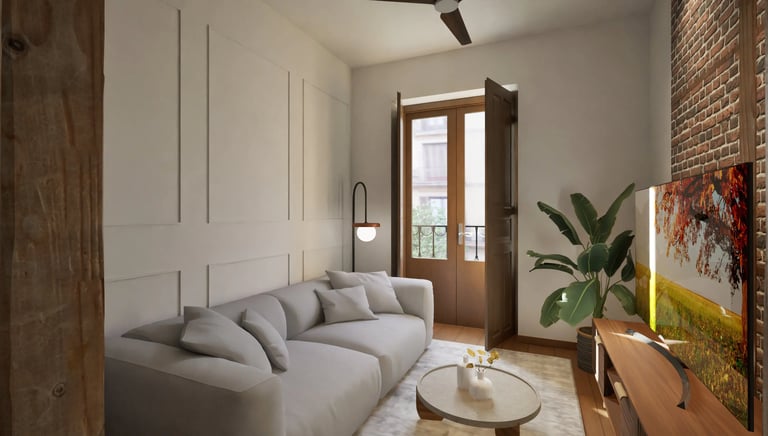 Render 3D de salón con muro de ladrillo visto y balcón