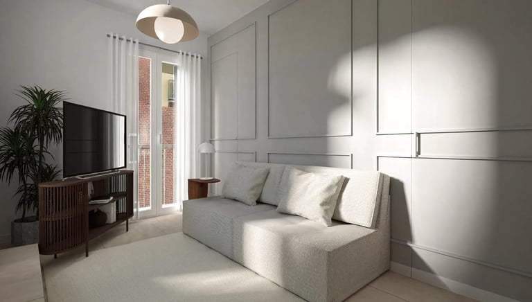 Render 3D salón minimalista con molduras y sofá claro