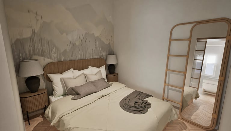 Render 3D de dormitorio con mural y espejo de pie