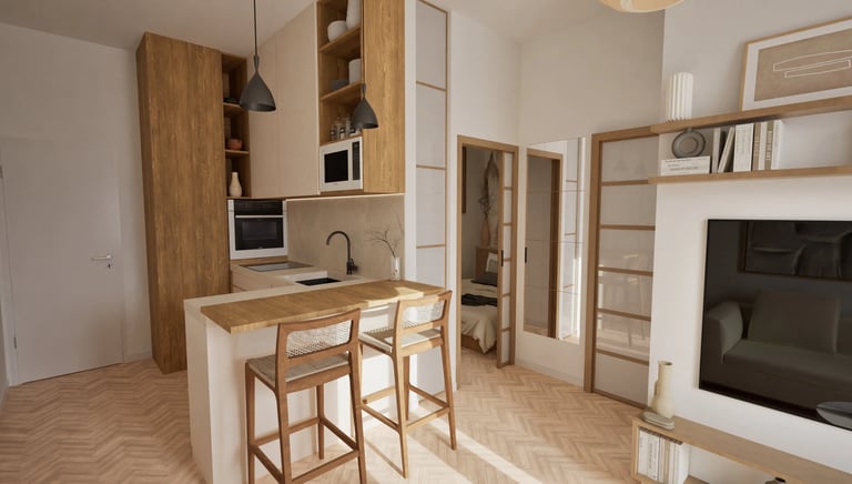 Render 3D cocina con isla de madera y taburetes, distribución abierta al salón