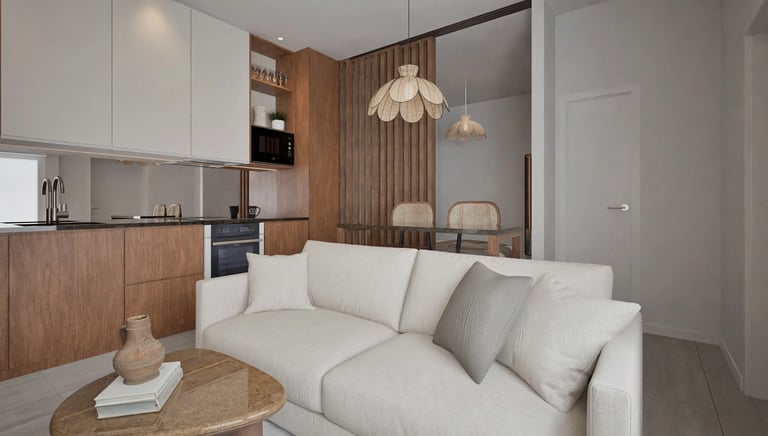 Render 3D fotorrealista de salón moderno con cocina integrada y mobiliario en tonos neutros