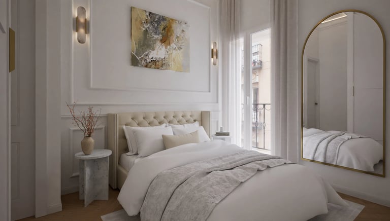 Render 3D de dormitorio principal con espejo arco, cabecero capitoné y molduras.