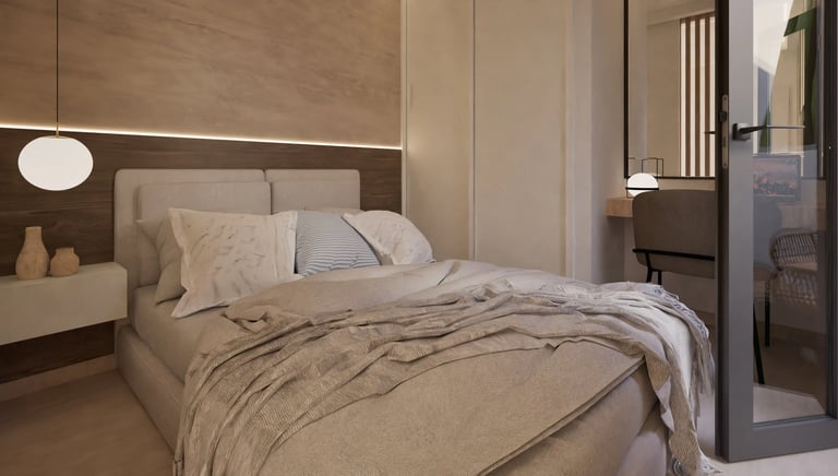 Render 3D de dormitorio con cabecero tapizado y lámpara esférica