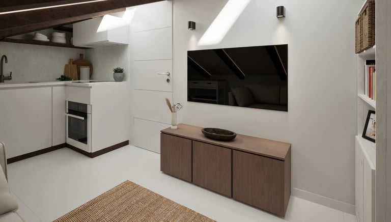 Render 3D de mueble TV y cocina compacta en buhardilla