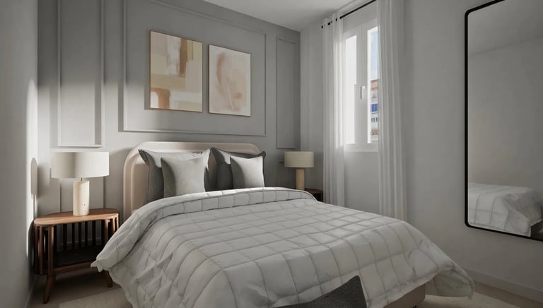 Render 3D dormitorio principal con cabecero tapizado y luz natural