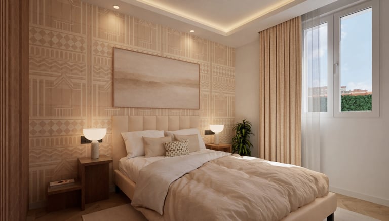 Render 3D de dormitorio moderno con cama tapizada, papel pintado geométrico y luz natural.