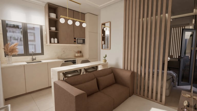 Render 3D de cocina con barra y luminarias redondas junto a salón abierto