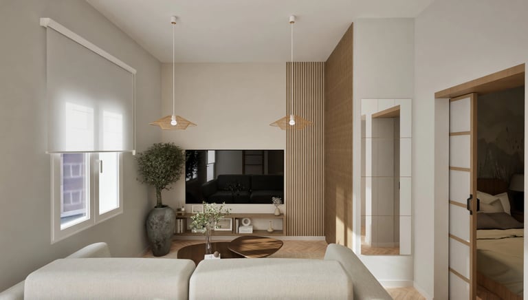 Render 3D de salón-comedor con mueble TV y paneles listonados