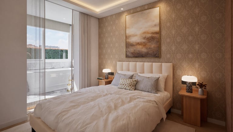 Render 3D de dormitorio con cabecero tapizado, papel decorativo y bañera integrada junto la ventana.