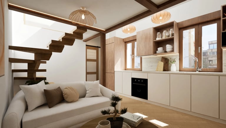 Render interior de salón-cocina de estilo cálido y contemporáneo, con escalera suspendida de madera