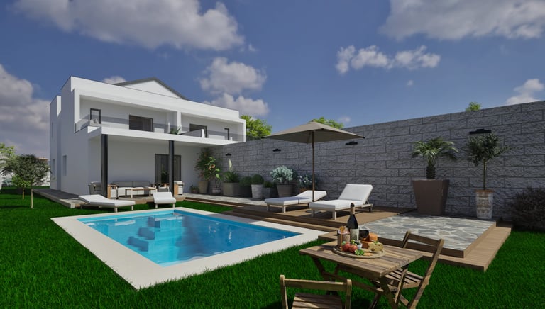 Render exterior de patio trasero en chalet con piscina, mobiliario y jardinería.
