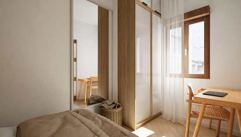 Dormitorio compacto con escritorio de madera, armario traslúcido y ventana.