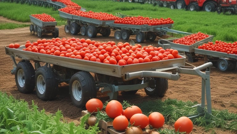 A large agricultural field with rows of green crops planted in neat lines, surrounded by trees in the distance. The landscape appears lush and well-maintained.
