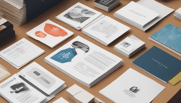 A view of a printing press with stacks of paper beneath it. The machinery is visible with metallic elements and a strong light source at the top. The scene conveys an industrial setting with a focus on mass production.