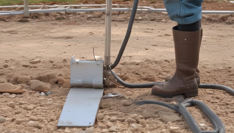 A construction site is depicted with exposed electrical wires protruding from a circular conduit in a rough concrete wall. The floor is covered in dust and debris, and there are multiple cables organized in a black mesh covering running along the floor.
