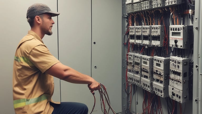 An electrical setup with several electronic devices and wires taped to a white wall. Blue tape is used to secure black cables and devices, which appear to be power adapters or similar equipment.