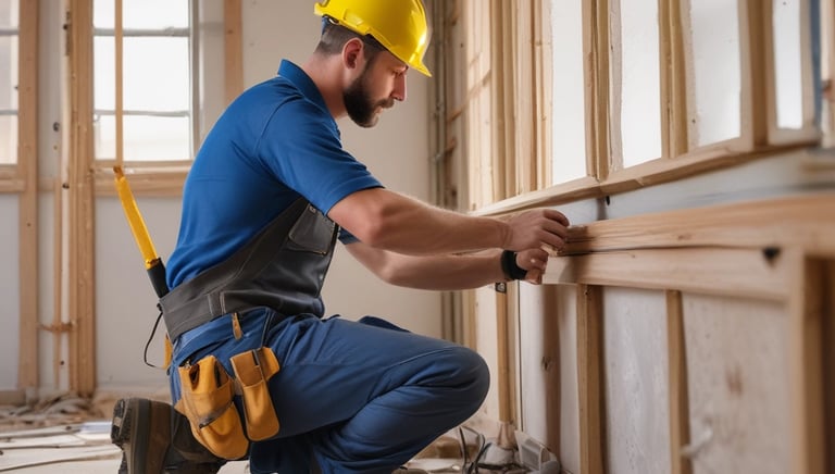 A modern house with a minimalistic design featuring clean white walls and a flat roof. A prominent turquoise door provides a striking accent to the building. Two tall palm trees tower beside the structure, under a clear blue sky.