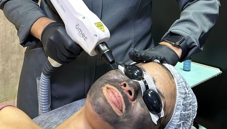 durante o protocolo de tratamento facial conhecido como blackpeel ou peeling hollywood