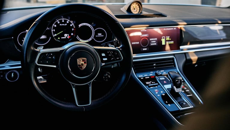 an Enlab Porsche car dashboard with a steering wheel and dashboard controls