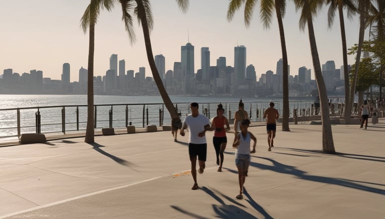 A group of people is participating in a running event on a city street, with a tall monument in the background. Tents and barriers line the street, and trees are visible on the left side. The weather appears partly cloudy.