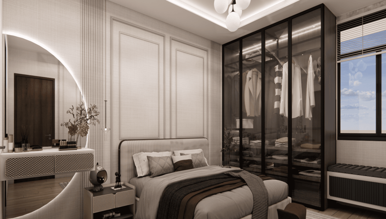 Stylish interior design for master bedroom featuring cot, bed back panel, coordinated bed dressing and spacious wardrobe