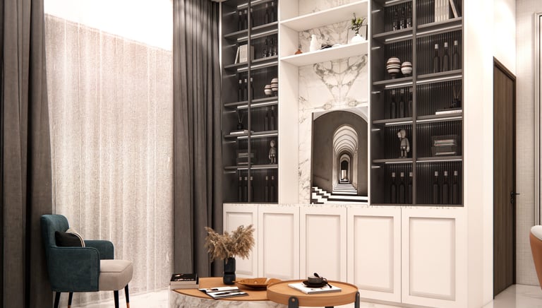 Interior design showcasing crockery unit alongside a bold statement chair and coordinated room styling by CASA DESIGNERS