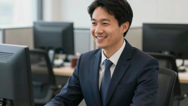 A confident hiring manager reviewing resumes on a sleek desktop in a modern office.