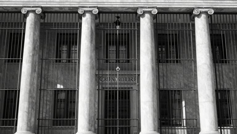 Black and white photo of a vigilant security guard standing watch in front of a historic building.