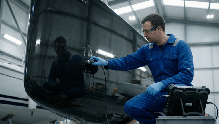 NDT technician performing ultrasonic testing on a yacht hull