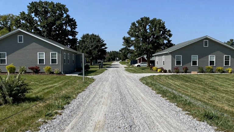 Freshly laid gravel driveway stretching toward a cozy home entrance.