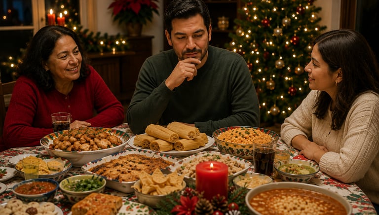 Hombre de 50 años en cena de navidad eligiendo con criterio que comerá