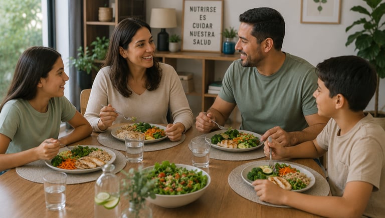 Familia teniendo un momento de convivencia durante la hora de la comida
