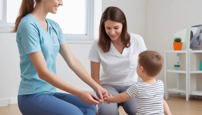 A patient performing guided leg exercises with a physiotherapist in a modern rehab center.