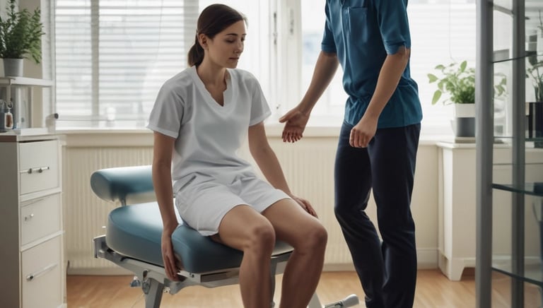 A patient performing guided leg exercises with a physiotherapist in a modern rehab center.
