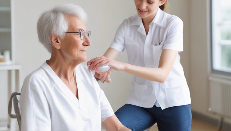 A patient performing guided leg exercises with a physiotherapist in a modern rehab center.