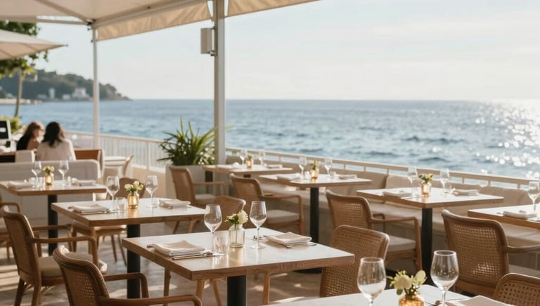 A cozy Scandinavian-style restaurant interior with warm lighting and rustic wooden tables.