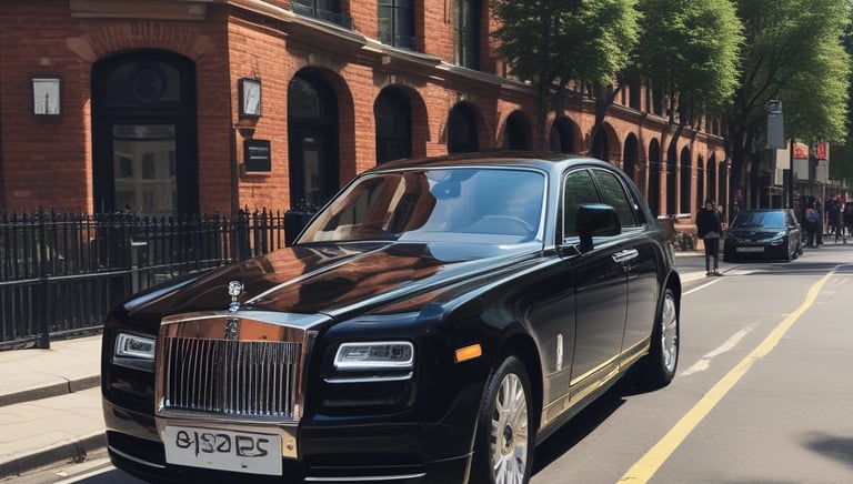 A sleek black Rolls-Royce parked on a London street at night, illuminated by city lights, with a chauffeur standing ready.