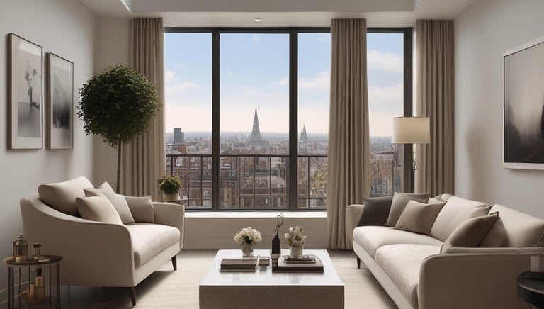 A cozy Mayfair penthouse interior bathed in warm bronze lighting, showcasing elegant furnishings and a city view.