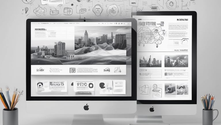A sleek, modern website layout on a laptop screen with monochrome color scheme.