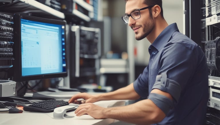 Technician installing a satellite dish on a rooftop with clear blue sky background.